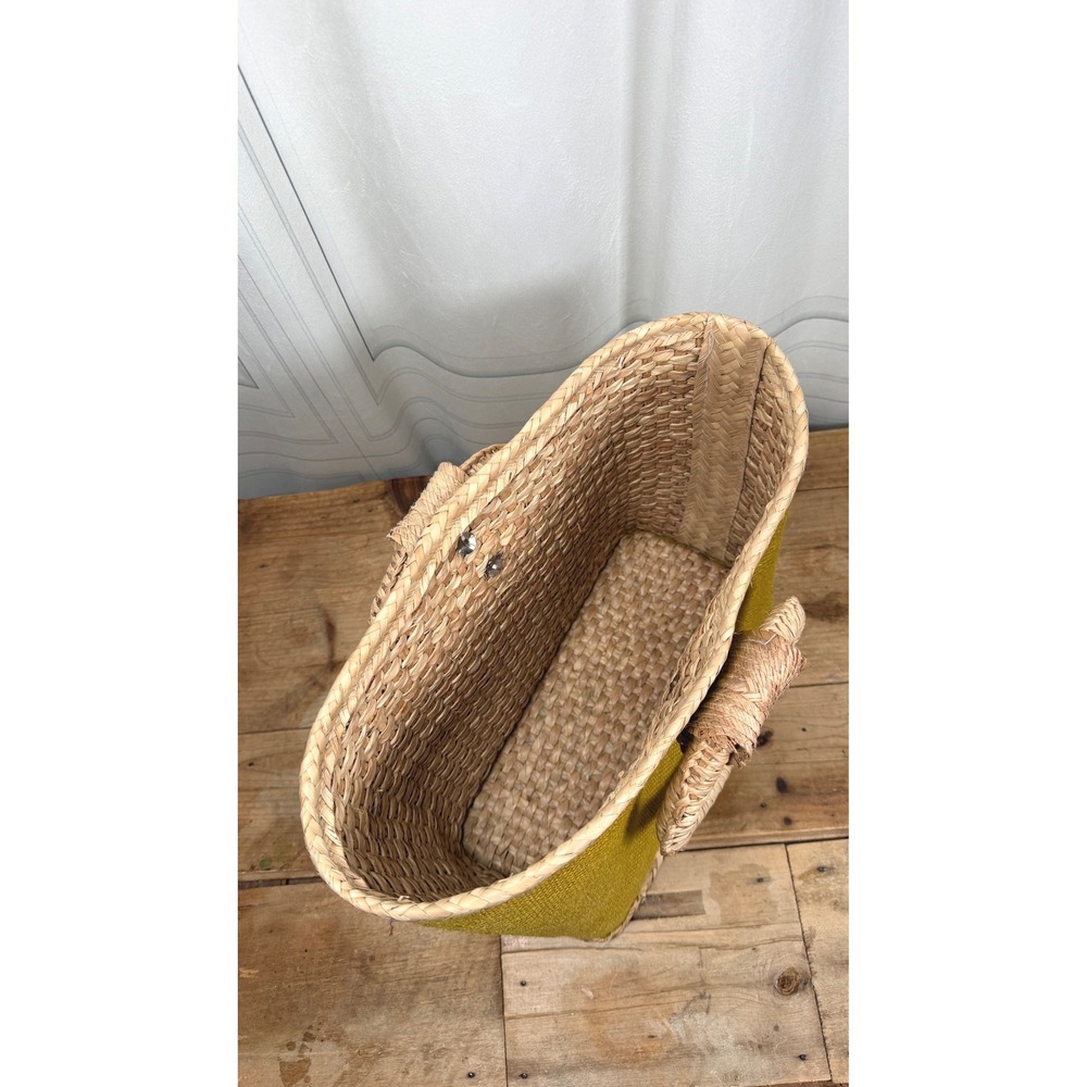 Retro Chartreuse Woven Straw & Burlap Basket Tote - Picture 11 of 15